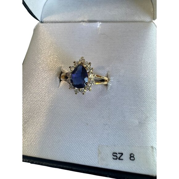 24K Gold Plated Sterling Silver Ring Blue CZ Size 8 - Picture 2 of 9